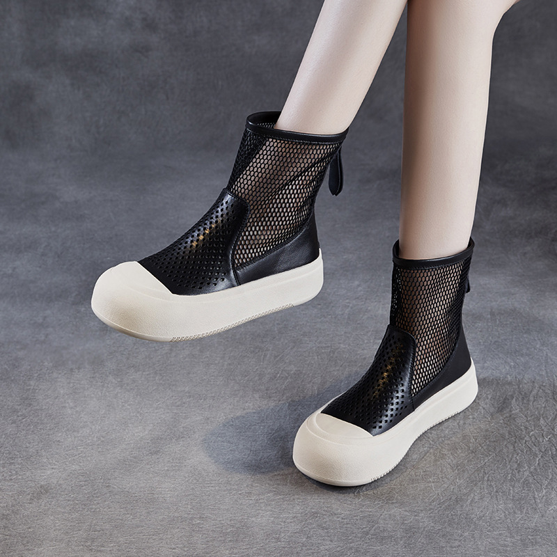 真皮厚底凉靴女春夏新款薄款镂空透气网纱马丁靴短靴平底凉鞋
