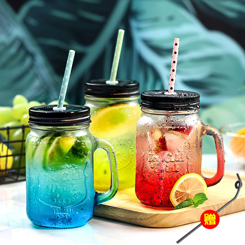 喷色梅森杯公鸡杯饮料杯玻璃水杯创意带吸管杯柠檬果汁成人情侣杯