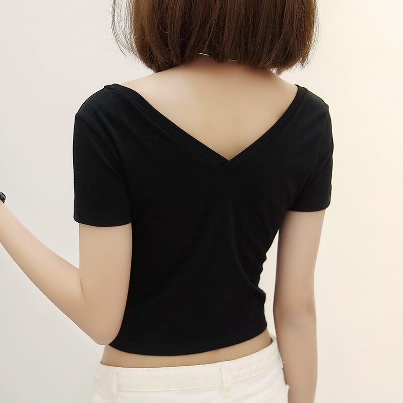 韩版前后双v领短款t恤女黑色短袖露脐紧身显瘦高腰打底衫运动上衣双u