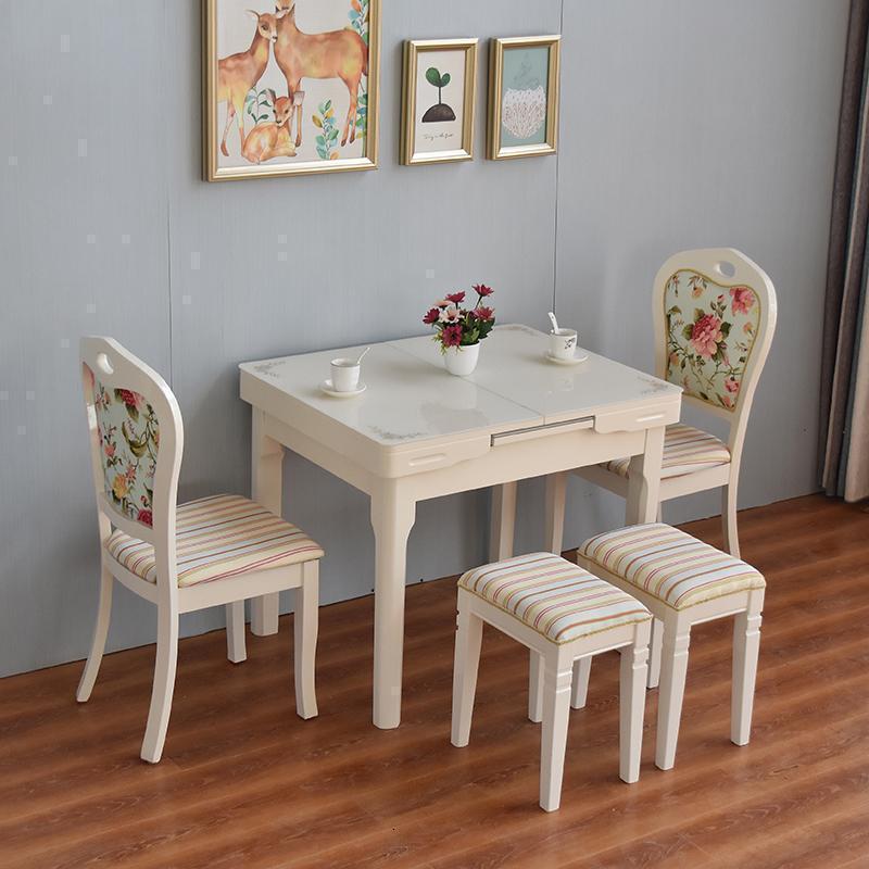 汐岩抽拉可伸缩餐桌椅组合现代简约小户型家用多功能折叠餐桌吃饭桌子 幸福花（花解语）无炉两椅两凳