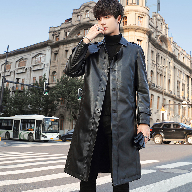new lake男士风衣 new lake风衣男中长款皮夹克韩版潮流秋冬季皮衣男