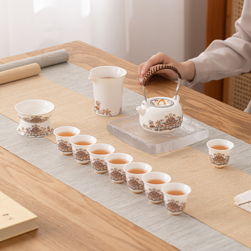 苏氏陶瓷/SUSHI CERAMICS SS003 羊脂玉瓷宝相花提梁壶茶具套装 (单位:套)
