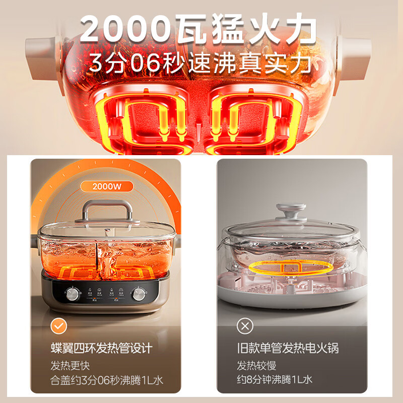 美的(Midea)电火锅MC-HGS303015分体式鸳鸯锅 电煮锅多功能锅3分06秒分区电热锅6.5L多用途锅