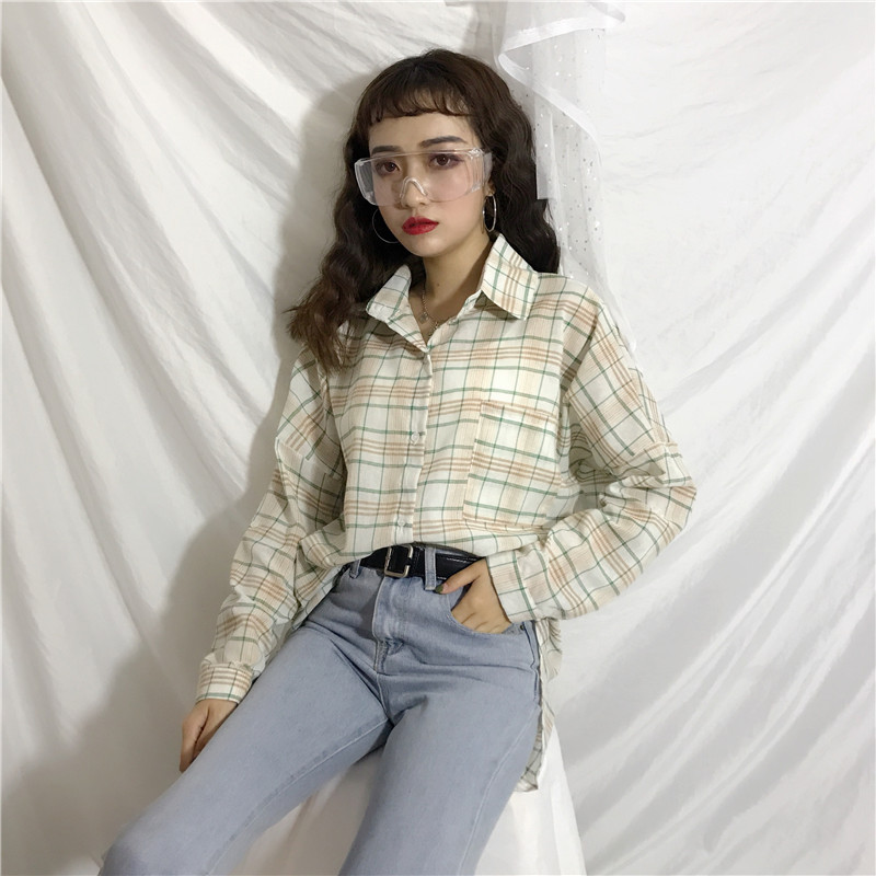 衬衫女秋季新款韩版女装宽松中长款防晒外套休闲薄款长袖格子衬衣