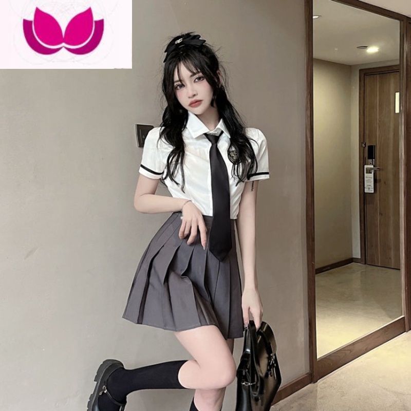 七斓jk制服职业气质减龄女装夏学院风韩系百褶裙校服套装套工作服 短袖白衣配黑领带 XL