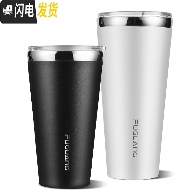 三维工匠咖啡杯304不锈钢保温杯带Tritan盖马克杯便携随手杯啤酒水杯 黑色500