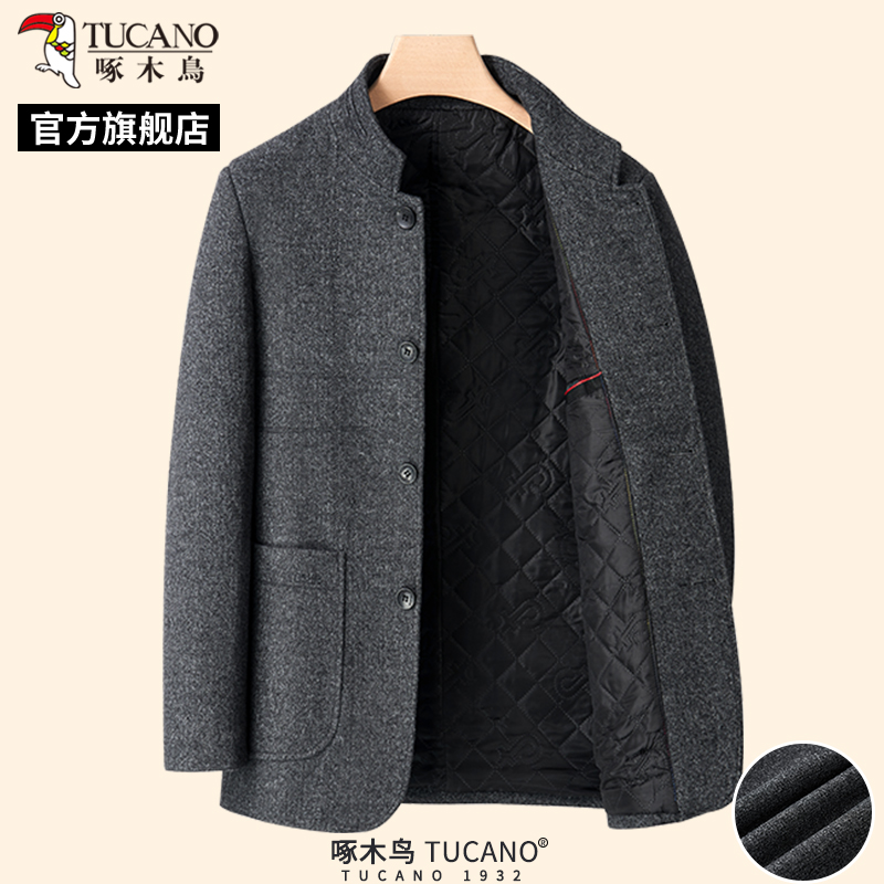 啄木鸟春季新款毛呢大衣爸爸立领中山装婚宴外套中年男士夹克衫领高清大图