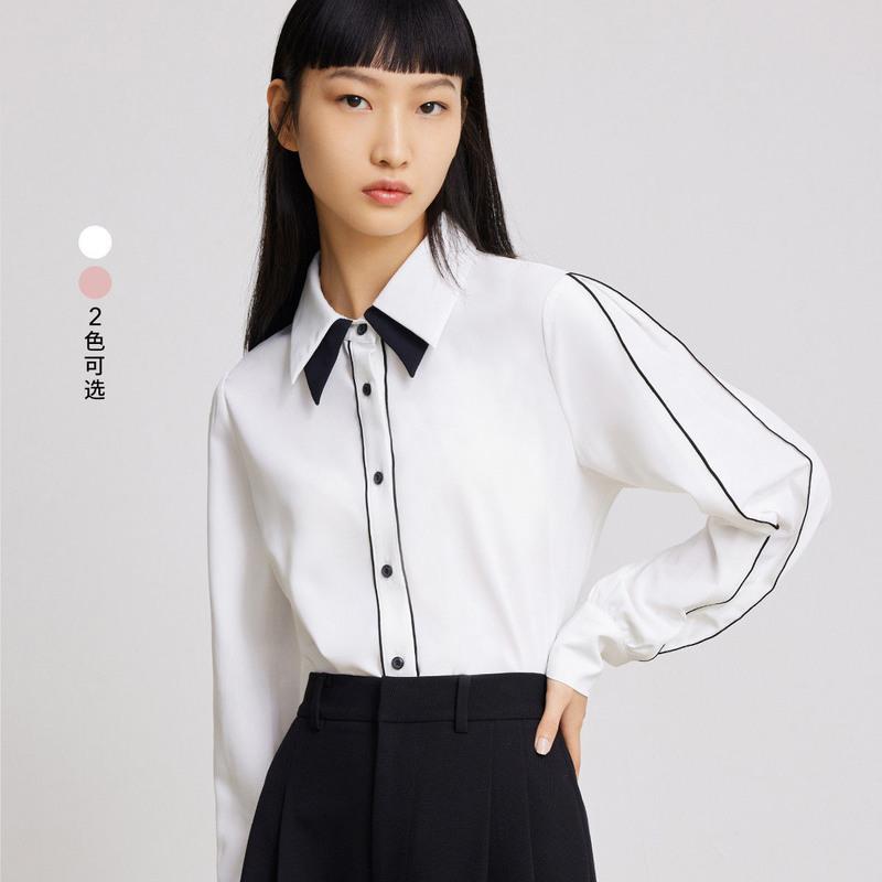 百思寒设计感撞色假双层领撞色纽扣明缉线垂顺衬衫