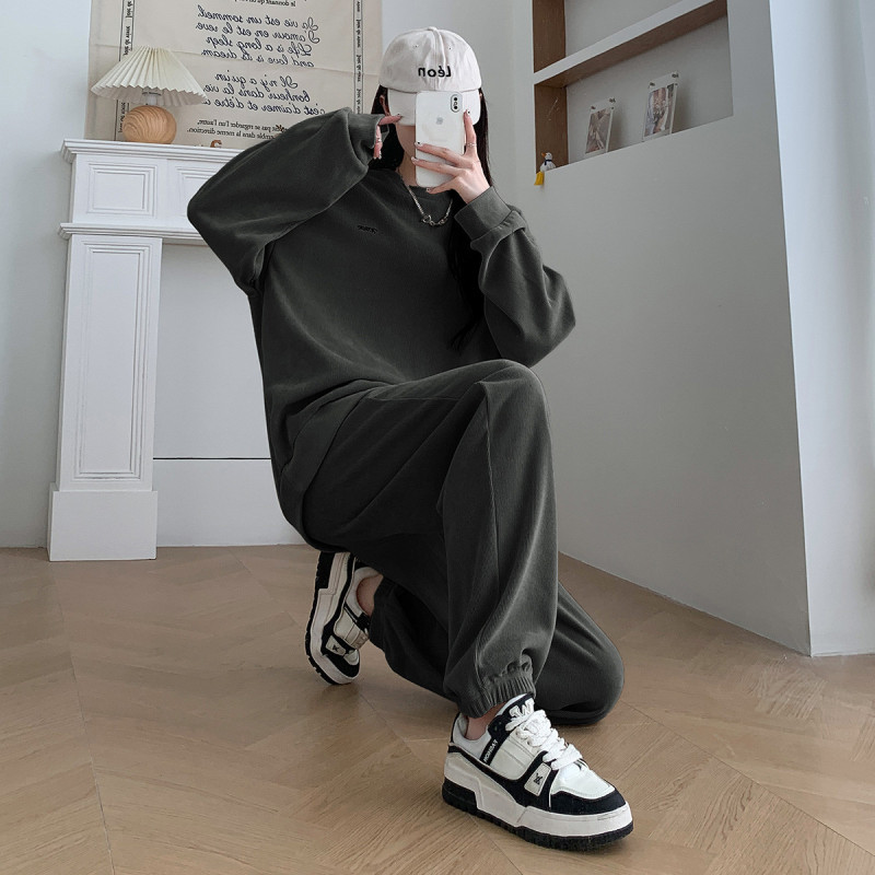 [2.5折价123元]唐狮秋冬新款女欧棉绒圆领套头卫衣束脚长裤减龄百搭休闲