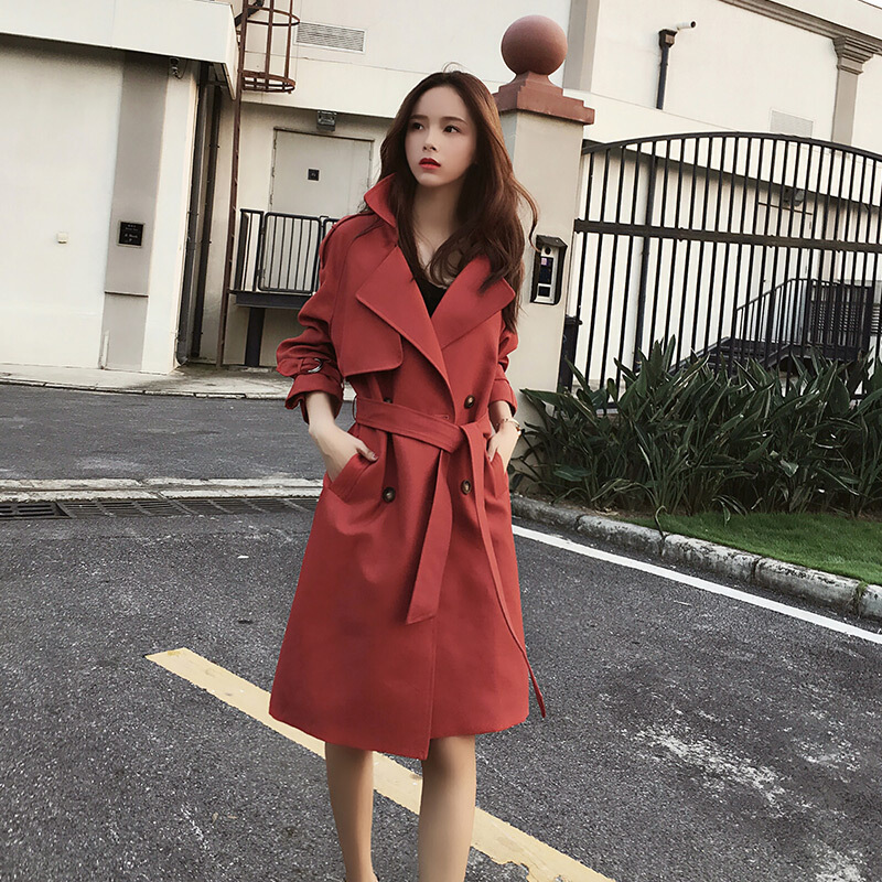 风衣女中长款春装2018新款韩版宽松过膝大衣小个子外套女秋潮铁锈红