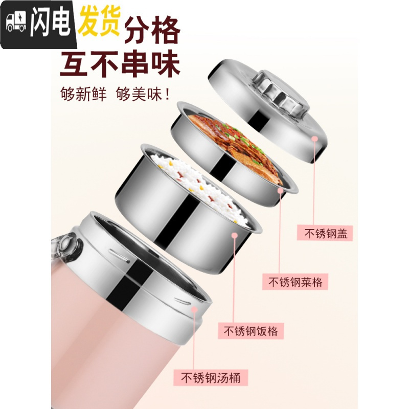 三维工匠不锈钢保温饭盒饭篮真空三层保温桶学生3层便当盒大容量多层提锅 1.6鼓型本色[送筷子勺子]