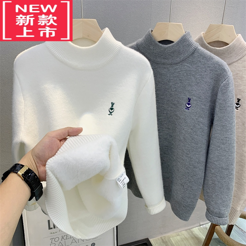 可莉允卡芙恰恰童装中大童韩版加绒毛衣2022冬男女童百搭保暖针织衫