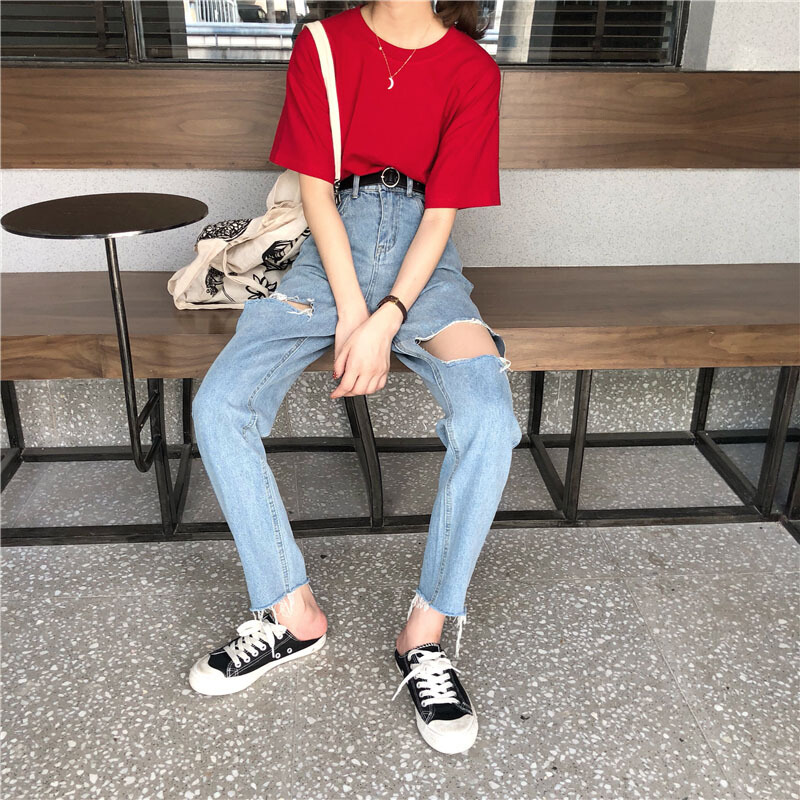 夏装女装2018新款韩版毛边大破洞乞丐高腰显瘦牛仔裤直筒裤九分裤图片色