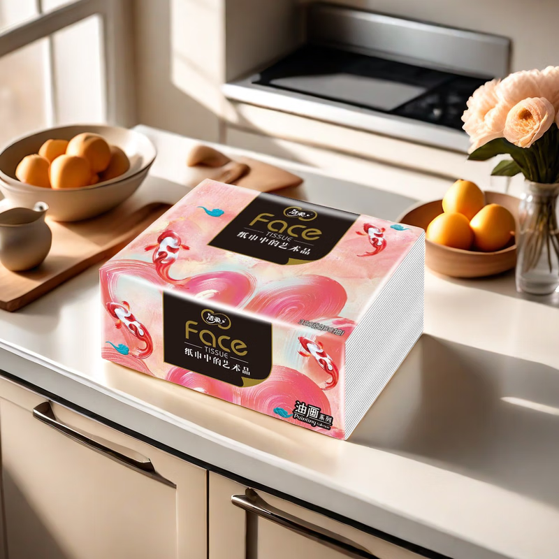 洁柔锦鲤抽纸 艺术油画Face M码加厚4层80抽面巾纸干湿两用纸巾 80抽/包*24包 BR128J-24E高清大图