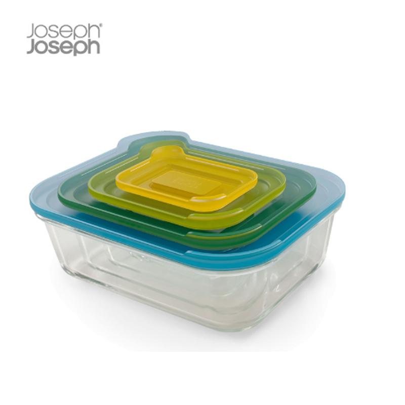 [食物保鲜]英国Joseph Joseph 保鲜盒可微波玻璃密封饭盒 易收纳彩色密封盒 4件套