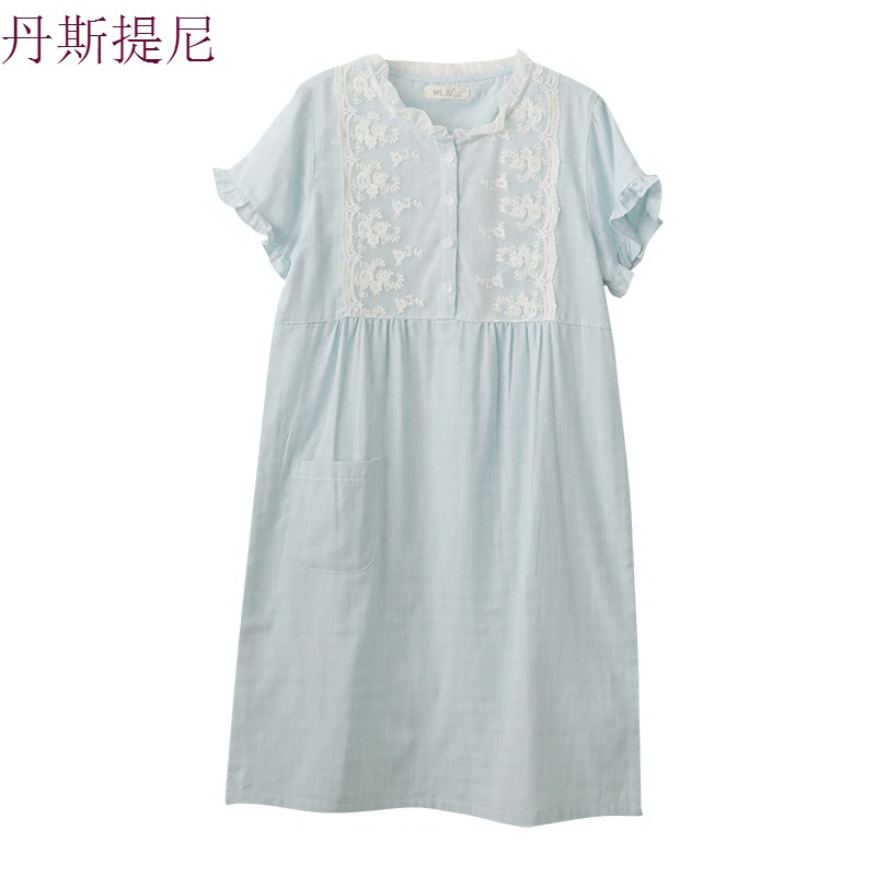 夏季新款日系蕾丝公主睡裙女纯棉纱布大码睡衣裙子短袖家居服