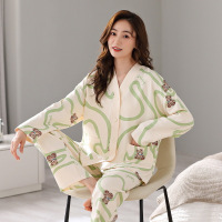 秋冬季女士睡衣棉质和服长袖长裤开衫家居服薄款甜美两件套秋冬款 女M B42004