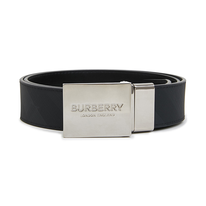 [20春夏新品]BURBERRY/博柏利 男士拼接双面两用饰牌搭扣 London格纹腰带 深炭灰/黑色 105