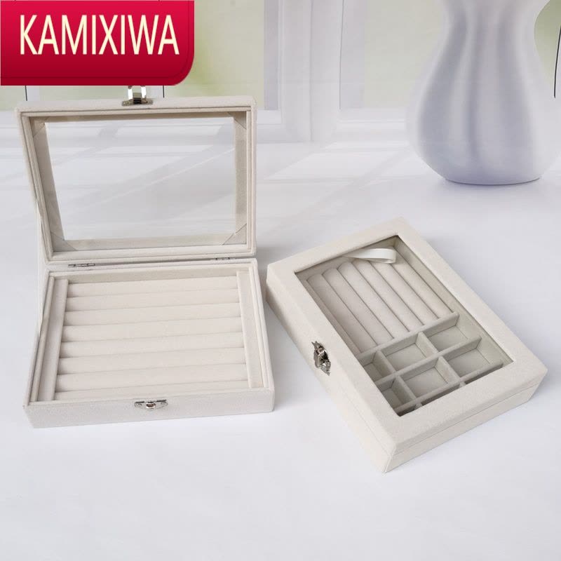 KAMIXIWA透明翻盖米色小号绒布首饰盒饰品耳钉耳环耳坠戒指项链格子收纳盒图片