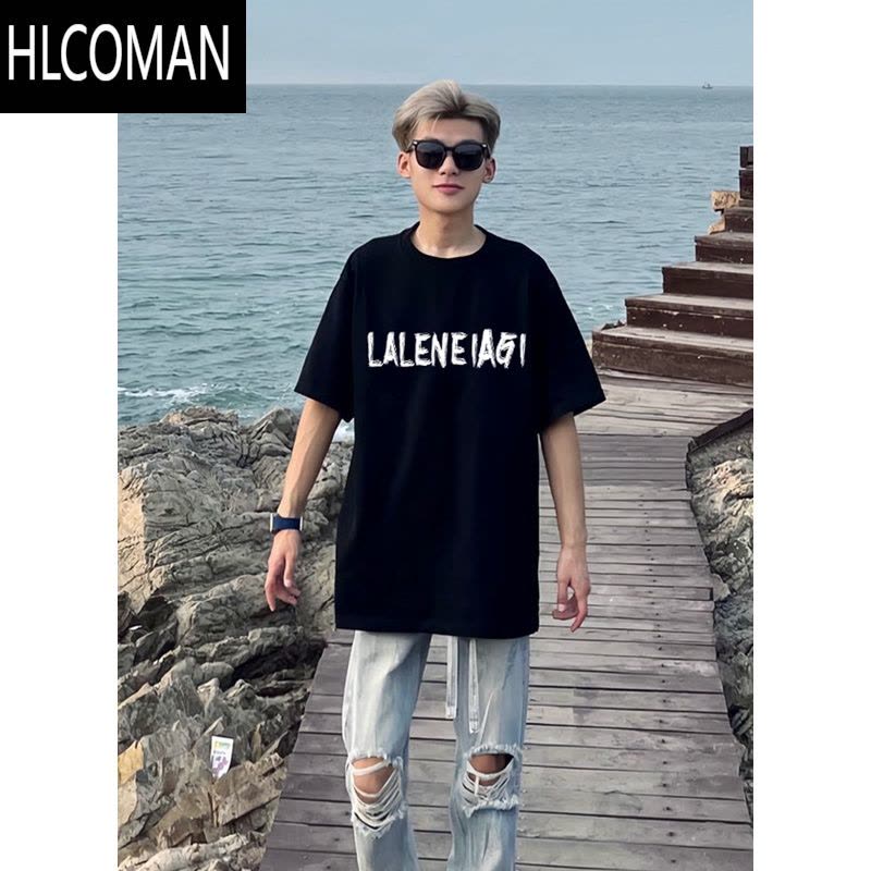 HLCOMAN夏季美式新款网红半袖t恤男ins潮牌黑色百搭短袖印花圆领宽松体恤图片