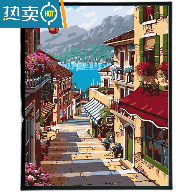 敬平diy手绘日式茶屋油彩画减压涂色数码画客厅风景装饰挂画装饰画高清大图