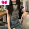 七斓撞色条纹短袖t恤女夏季装设计感小众修身显瘦短款正肩体恤上衣服
