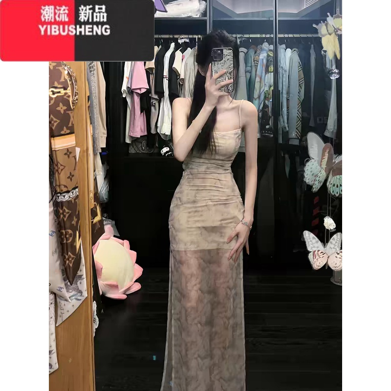 YIBUSHENG纯欲网纱碎花吊带连衣裙季辣妹气质开叉包臀裙紧身性感收腰长裙