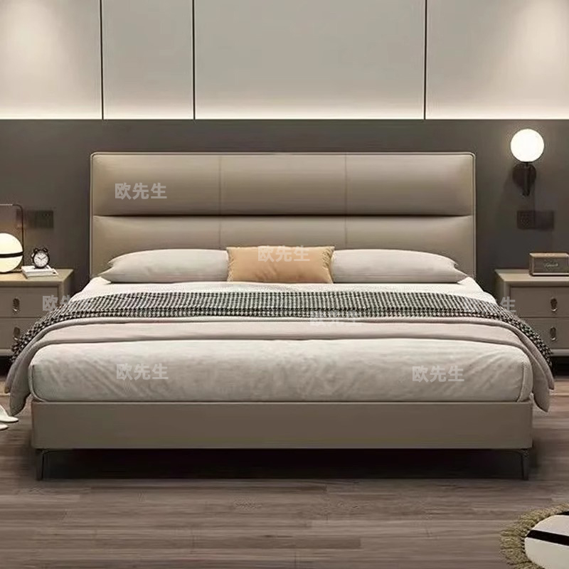 豆腐块头层牛皮床主卧次卧双人大床实木真皮极简婚床高清大图