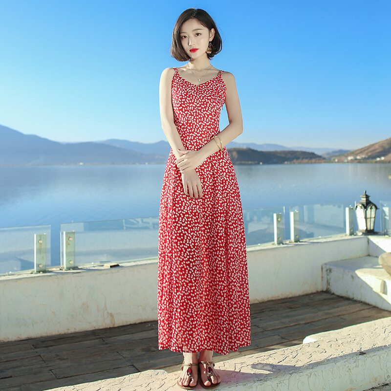 2017夏季新款女装无袖开叉带雪纺连衣裙长裙波西米亚海边度假沙滩裙图片色