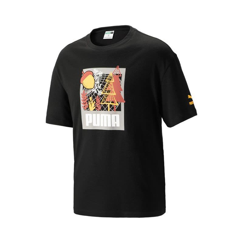 Puma 卡通图案Logo印花圆领棉质短袖T恤 男款 黑色 538776-01图片