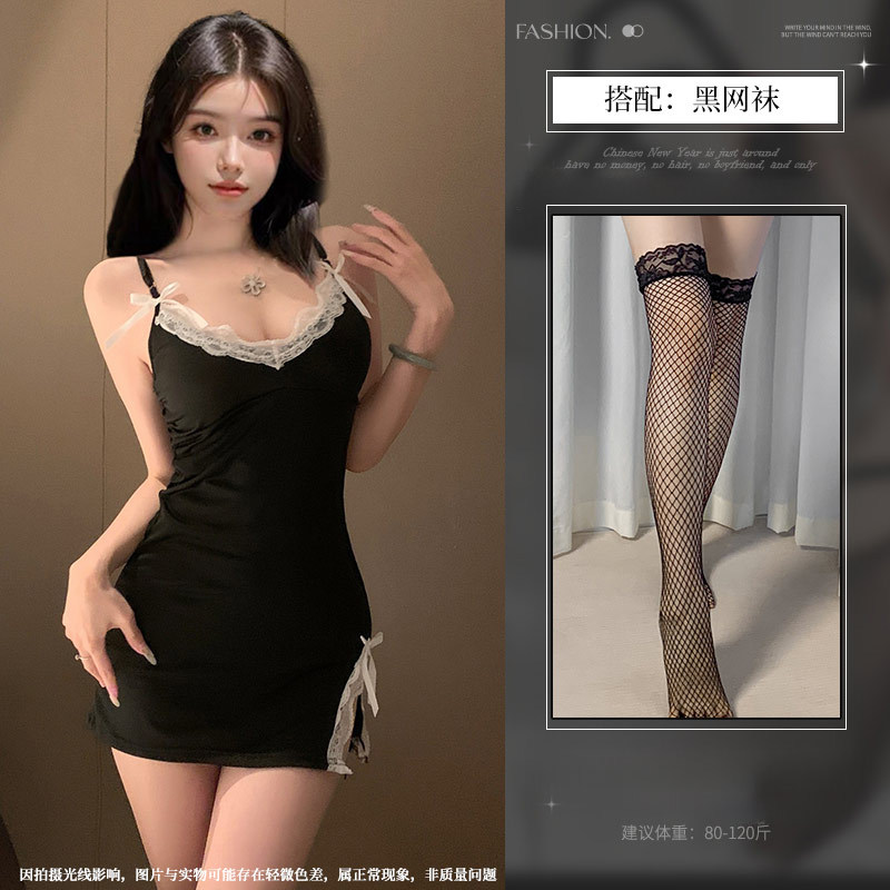 网红吊带睡衣女裙夏性感可爱修身纯欲风蕾丝可胸垫睡裙家居服1361 黑色【加胸垫】+黑网袜 M【80-100斤】