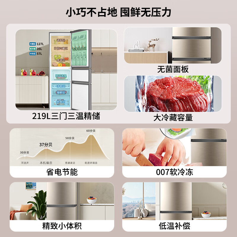 海尔(Haier)219升三门冰箱2级能效 节能家用电冰箱三开门冷藏冷冻BCD-219LHC3E0YH国家补贴高清大图
