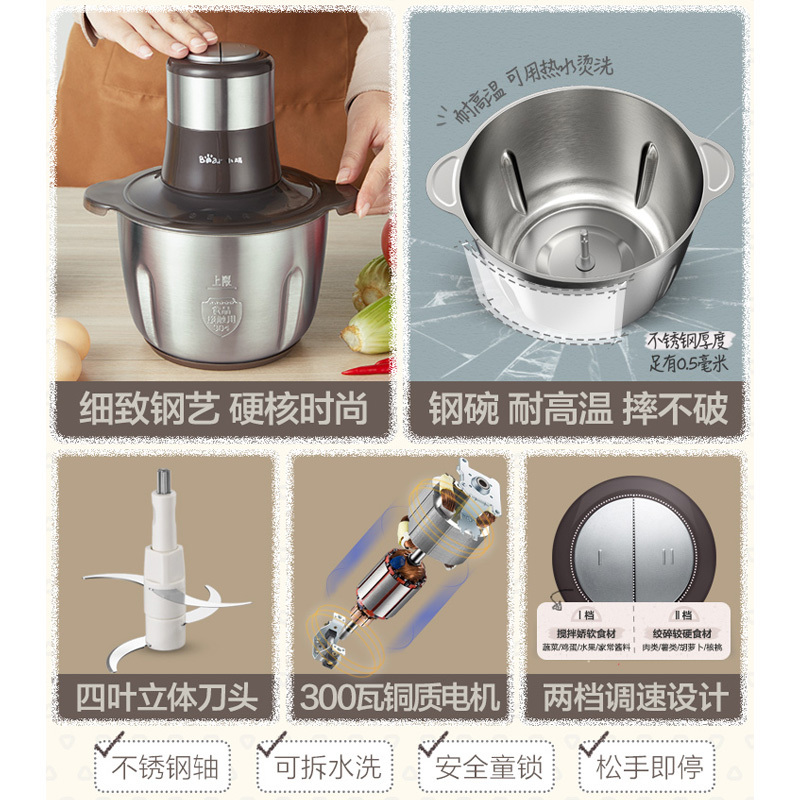 小熊(bear)不锈钢绞肉机家用电动多功能小型打肉馅碎菜搅拌料理机全自动定制商品
