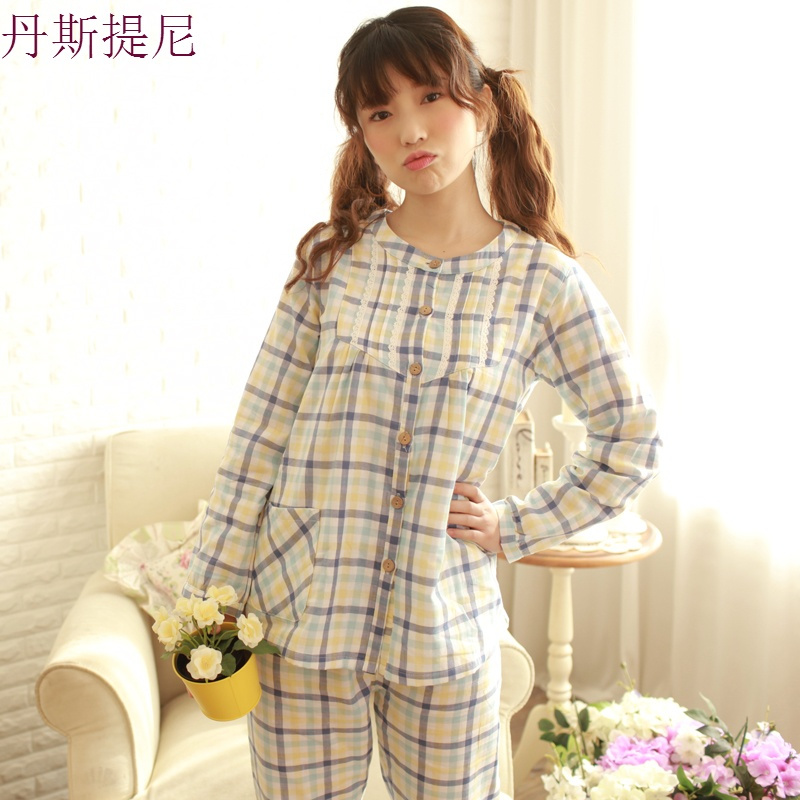 春秋新款睡衣女纯棉纱布长袖圆领全棉清新格子学生日系家居服套装