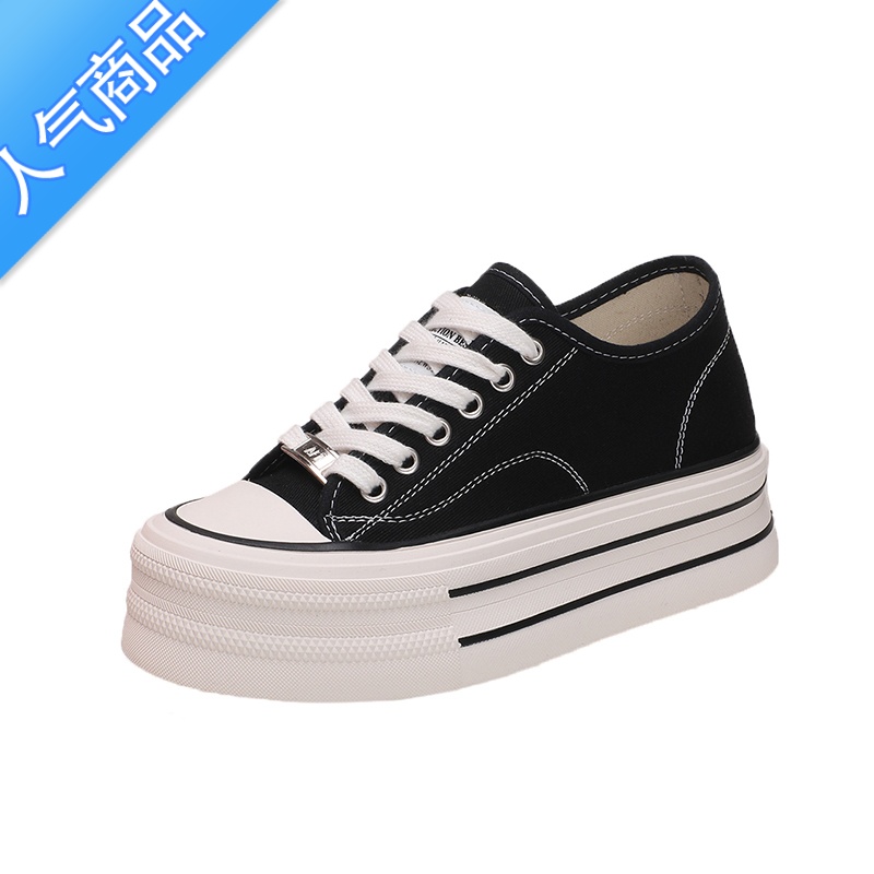 SUNTEK帆布鞋女2023新款夏季板鞋透气厚底松糕鞋休闲小个子内增高女鞋高清大图