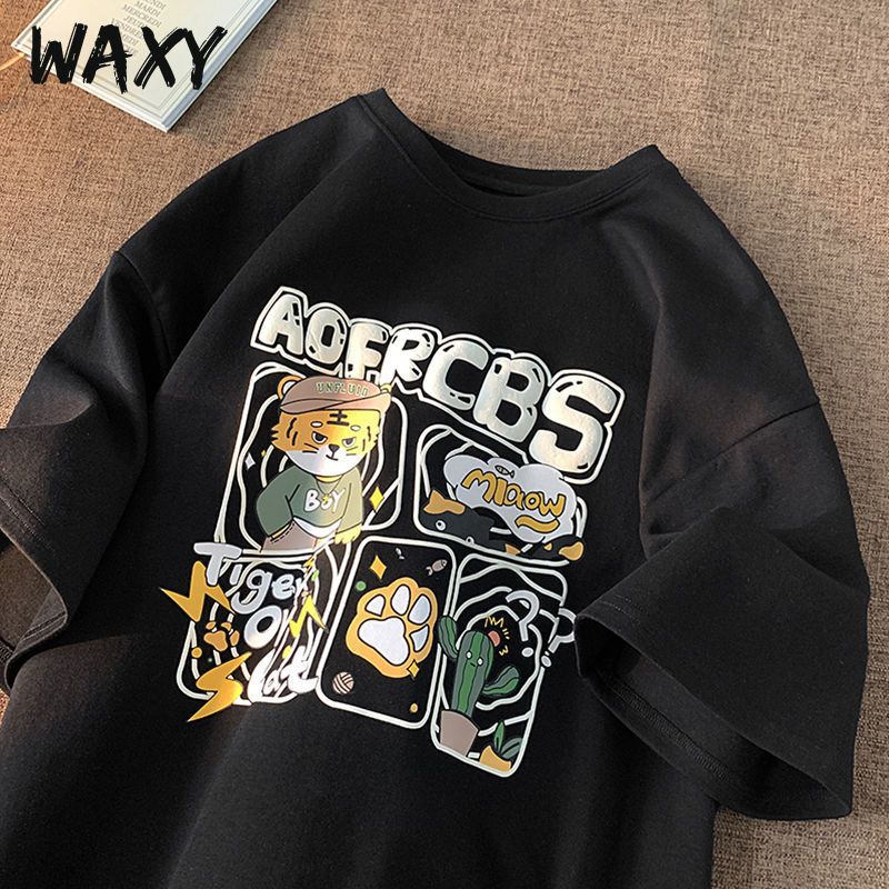 WAXY韩版潮流运动卡通字母纯棉短袖t恤男oversize宽松上衣男装ins