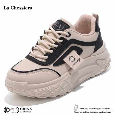 La Chessiers小白鞋女新款春秋季百搭厚底增高老爹鞋学生ins休闲运动鞋 黑色 36码