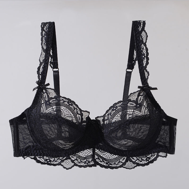 开始绽放胖mm大码蕾丝文胸超薄透明性感内衣套装大胸显小侧收胸罩