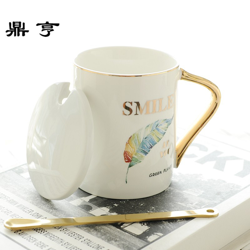 鼎亨ins北欧简约家用杯子陶瓷带盖勺咖啡杯马克杯创意情侣水杯女