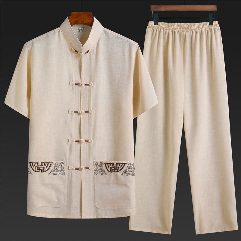 夏季短袖唐装男休闲套装中国风男士爸爸装爷爷汉服中老年衣服上衣