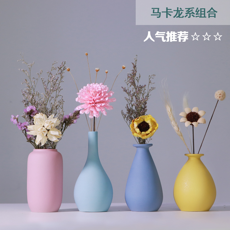 陶瓷小花瓶装饰柜摆件家居客厅装饰干花花插马卡龙糖果色手工花器收纳袋 三维工匠 A+C+D+干花