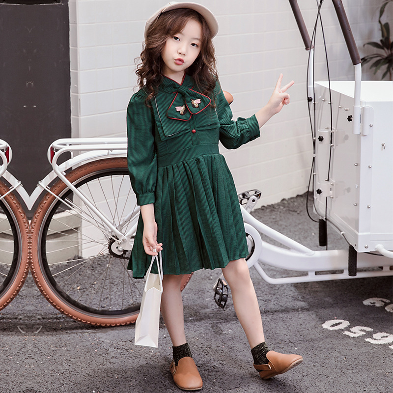 女童连衣裙长袖2018春秋装新款韩版儿童条绒裙子中大童公主裙子140cm