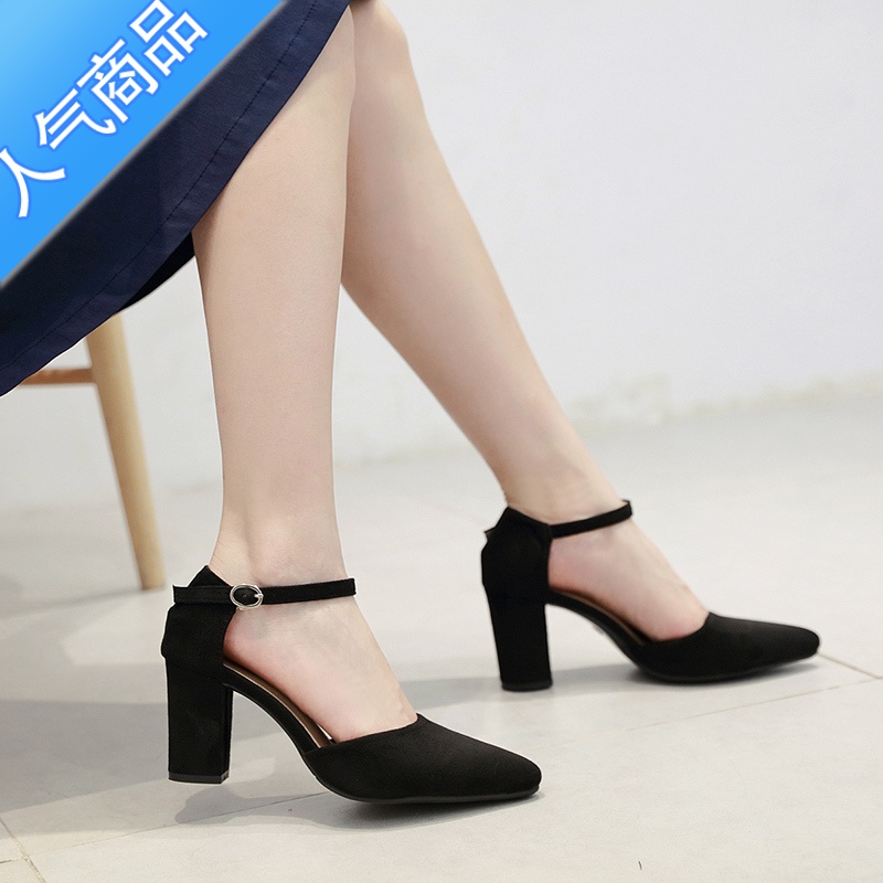 SUNTEK中空鞋学院职业黑色尖头中跟一字扣带高跟粗跟包头凉鞋女小码单鞋高清大图