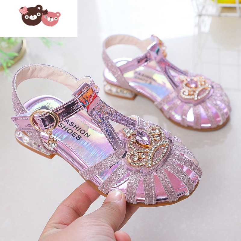 绿彩虹光女童凉鞋夏季新款软底女孩包头镂空公主鞋时尚高跟儿童水晶鞋