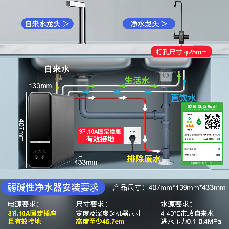Rheem瑞美 弱碱性净水器1200G大通量家用厨下式母婴直饮净水机RO反渗透过滤 RMJS-25RO-1200G