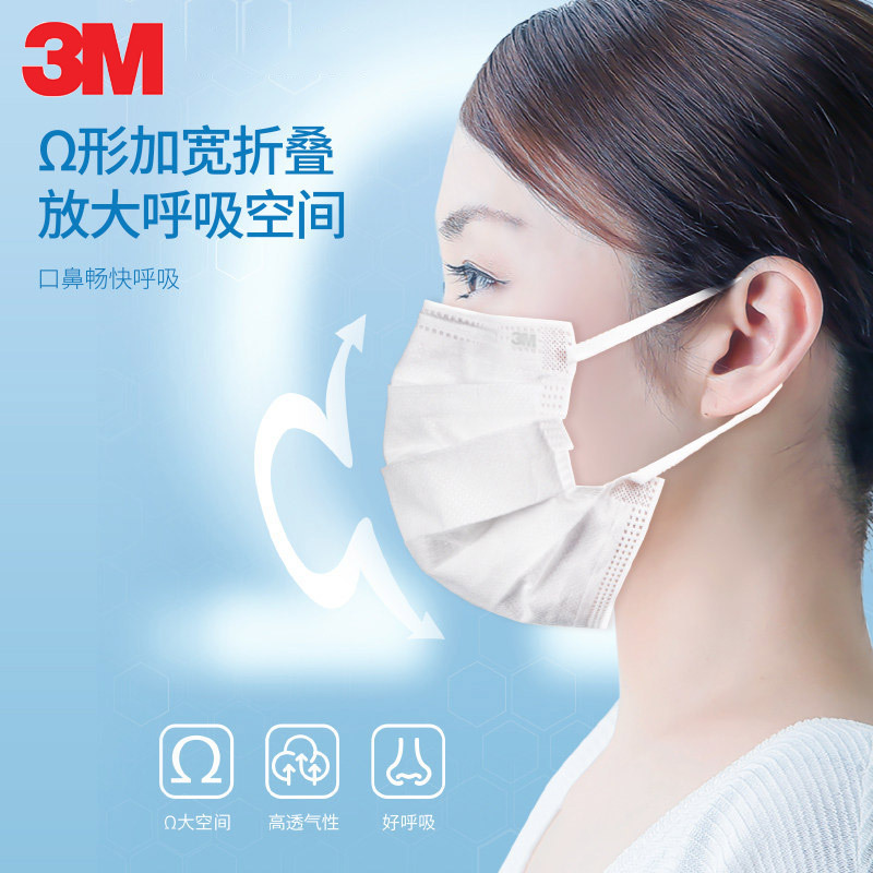 3M口罩耐适康一次性成人口罩 细菌过滤效率≥95% 平面舒适口罩 防飞沫秋异味防尘立体防护独立包装活性炭 中号50支/盒高清大图