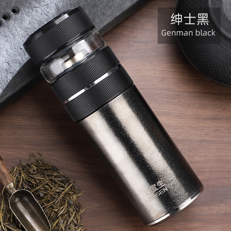 水宜生 400ml 高档便携水杯 弱碱茶水分离杯 纯钛保温杯 男士商务双层泡茶杯 T818 绅士黑