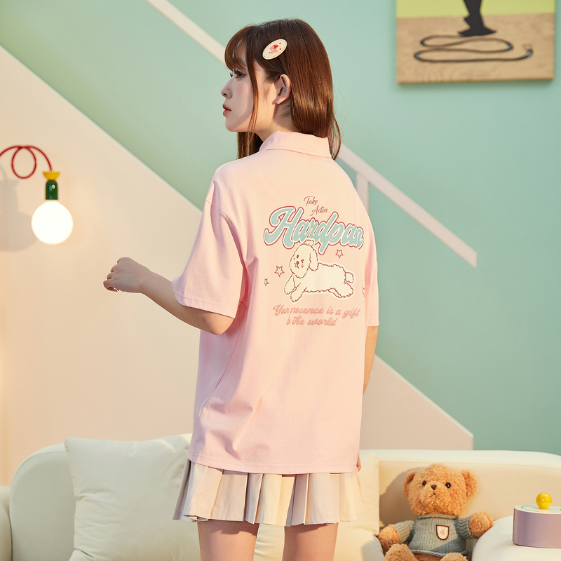 唐狮新款polo衫女士2025夏季纯棉短袖t恤百搭宽松半袖上衣潮_711 M C款/浅桃粉