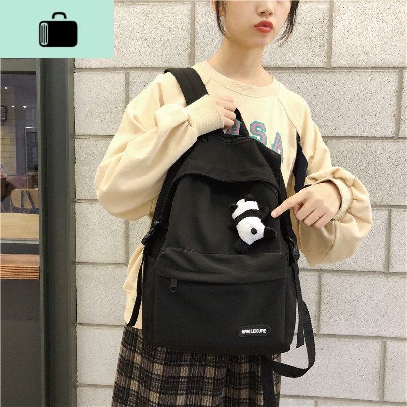 书包女韩版高中原宿ulzzang森系简约背包大学生双肩包ins风初中生NEW LAKE 黑色带熊猫
