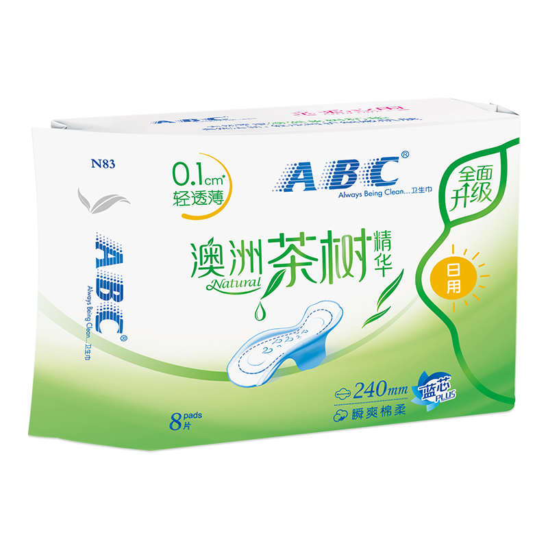 ABC日用卫生巾 轻透薄网感棉柔240mm*8片 (含澳洲茶树精华)(新老包装随机发货)